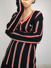 Load image into Gallery viewer, The Black Lacoste | Vintage sweater alpaca wool knit black red stripe V neck college designer M
