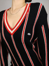 Load image into Gallery viewer, The Black Lacoste | Vintage sweater alpaca wool knit black red stripe V neck college designer M
