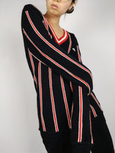 Load image into Gallery viewer, The Black Lacoste | Vintage sweater alpaca wool knit black red stripe V neck college designer M
