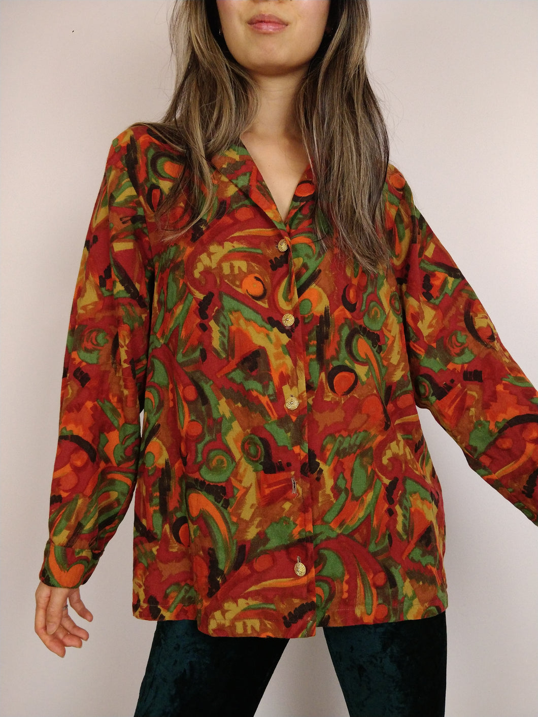 The Red Earth | Vintage shirt blouse abstract print pattern long sleeve red orange brown M