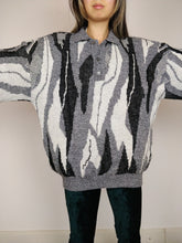 Load image into Gallery viewer, The Black White Rocks | Vintage wool mix knit sweater polo collar abstract pattern men unisex XL
