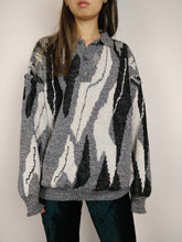 Load image into Gallery viewer, The Black White Rocks | Vintage wool mix knit sweater polo collar abstract pattern men unisex XL
