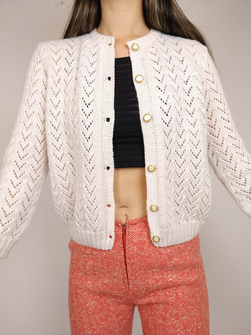 The Marshmallow Knit | Vintage white pink knit sweater cardigan top plain XS-S
