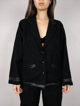 Load image into Gallery viewer, The Black Wool Blazer | Vintage wool black leather collar blazer jacket S-M
