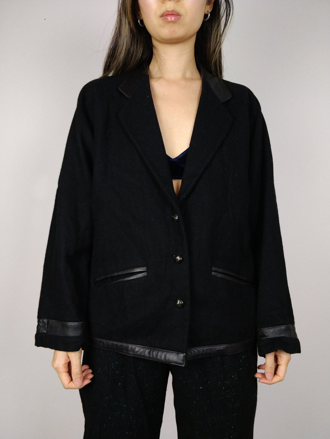 The Black Wool Blazer | Vintage wool black leather collar blazer jacket S-M