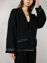 Load image into Gallery viewer, The Black Wool Blazer | Vintage wool black leather collar blazer jacket S-M
