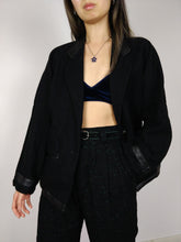 Load image into Gallery viewer, The Black Wool Blazer | Vintage wool black leather collar blazer jacket S-M
