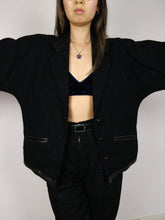 Load image into Gallery viewer, The Black Wool Blazer | Vintage wool black leather collar blazer jacket S-M
