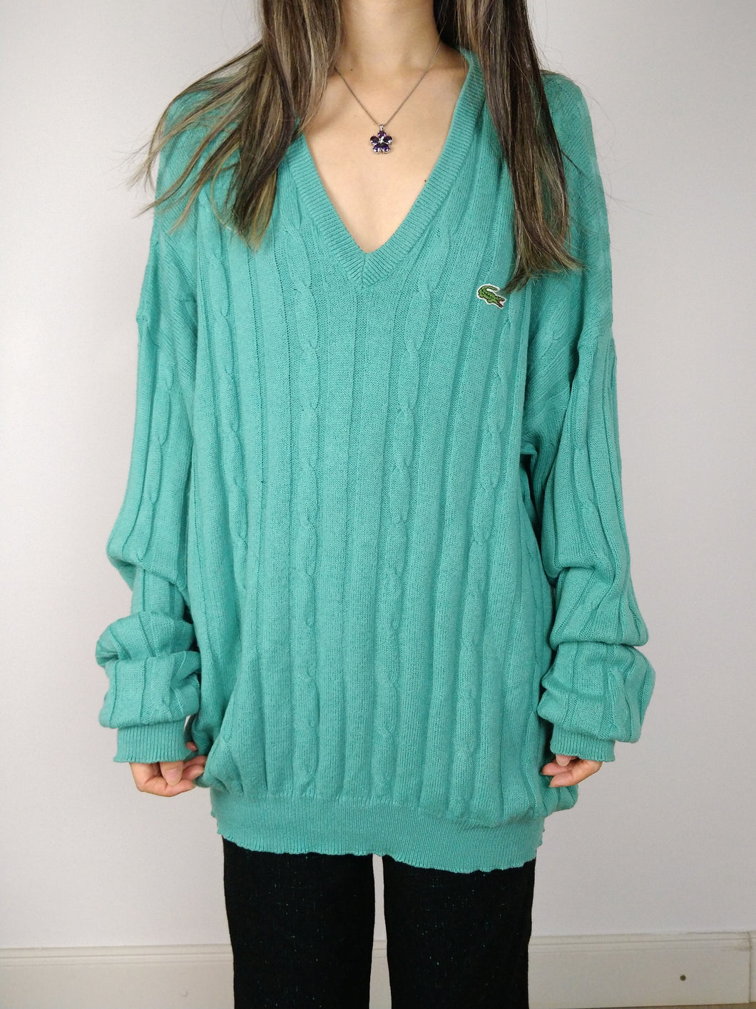 The Lacoste Mint Knit | Vintage wool knit sweater cable men unisex V neck green mint turquoise designer women men unisex L-XL