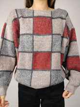Load image into Gallery viewer, The Beige Checker Knit | Vintage wool mix knit sweater red beige square check pattern Rolly Go S-M
