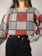 Load image into Gallery viewer, The Beige Checker Knit | Vintage wool mix knit sweater red beige square check pattern Rolly Go S-M
