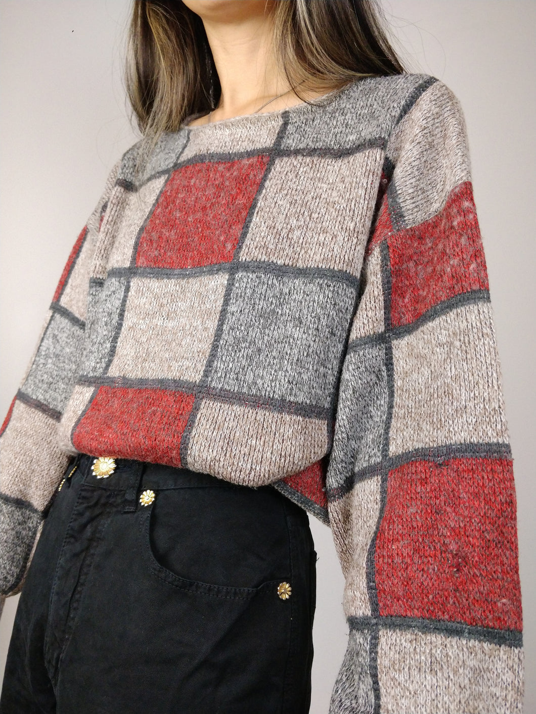 The Beige Checker Knit | Vintage wool mix knit sweater red beige square check pattern Rolly Go S-M