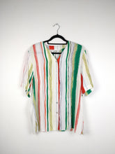 Load image into Gallery viewer, The Funky Stripe Blouse | Vintage shirt blouse striped short sleeve white yellow orange green oversized viscose L-XL
