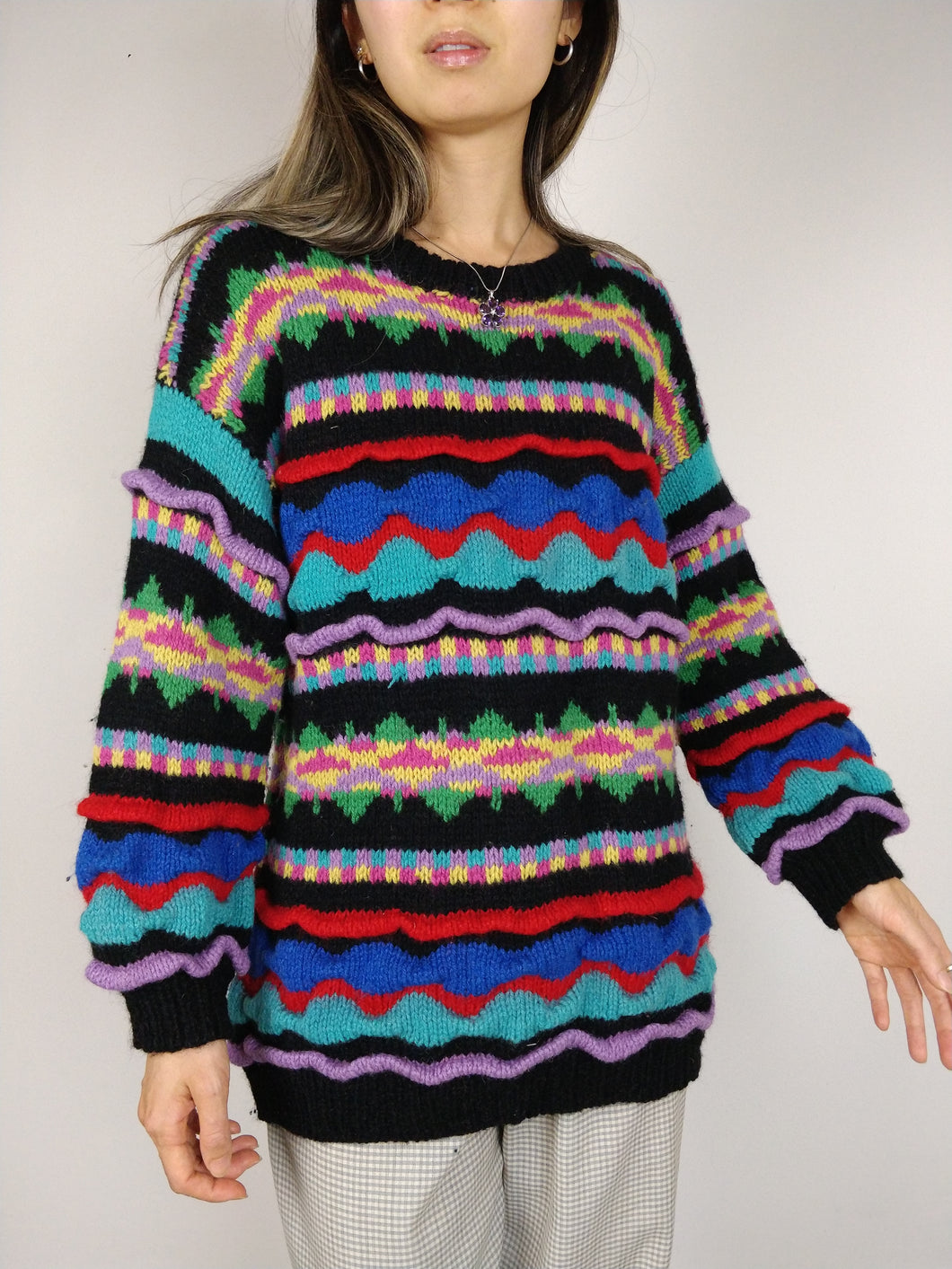 The Crazy Black Knit | Vintage knit sweater pullover structural pattern jumper black red blue purple winter S-M