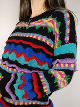 Load image into Gallery viewer, The Crazy Black Knit | Vintage knit sweater pullover structural pattern jumper black red blue purple winter S-M
