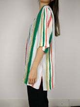 Load image into Gallery viewer, The Funky Stripe Blouse | Vintage shirt blouse striped short sleeve white yellow orange green oversized viscose L-XL
