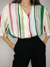 Load image into Gallery viewer, The Funky Stripe Blouse | Vintage shirt blouse striped short sleeve white yellow orange green oversized viscose L-XL
