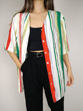 Load image into Gallery viewer, The Funky Stripe Blouse | Vintage shirt blouse striped short sleeve white yellow orange green oversized viscose L-XL
