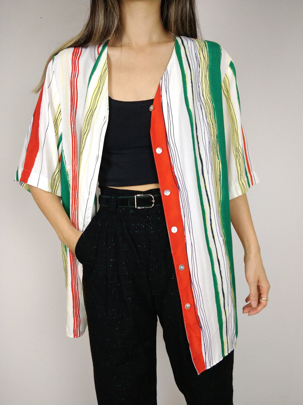 The Funky Stripe Blouse | Vintage shirt blouse striped short sleeve white yellow orange green oversized viscose L-XL
