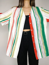 Load image into Gallery viewer, The Funky Stripe Blouse | Vintage shirt blouse striped short sleeve white yellow orange green oversized viscose L-XL
