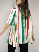 Load image into Gallery viewer, The Funky Stripe Blouse | Vintage shirt blouse striped short sleeve white yellow orange green oversized viscose L-XL
