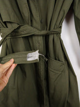 Load image into Gallery viewer, The Khaki Teddy Trench | Vintage trench coat jacket green khaki faux fur teddy sherpa lining winter S
