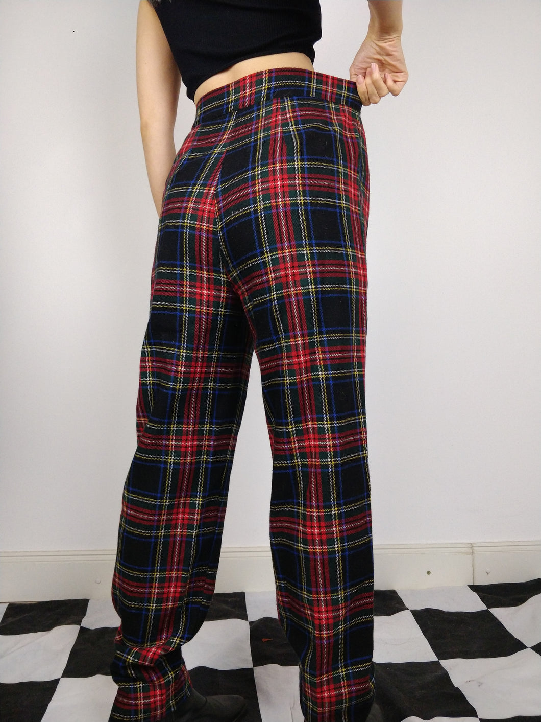 The Red Tartan Pants | Vintage wool plaid checkered pattern high waist red black winter long trouser S