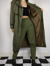 Load image into Gallery viewer, The Khaki Teddy Trench | Vintage trench coat jacket green khaki faux fur teddy sherpa lining winter S

