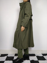 Load image into Gallery viewer, The Khaki Teddy Trench | Vintage trench coat jacket green khaki faux fur teddy sherpa lining winter S
