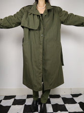 Load image into Gallery viewer, The Khaki Teddy Trench | Vintage trench coat jacket green khaki faux fur teddy sherpa lining winter S
