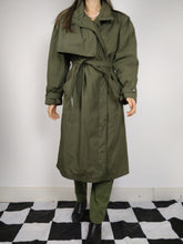 Load image into Gallery viewer, The Khaki Teddy Trench | Vintage trench coat jacket green khaki faux fur teddy sherpa lining winter S
