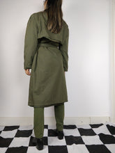 Load image into Gallery viewer, The Khaki Teddy Trench | Vintage trench coat jacket green khaki faux fur teddy sherpa lining winter S
