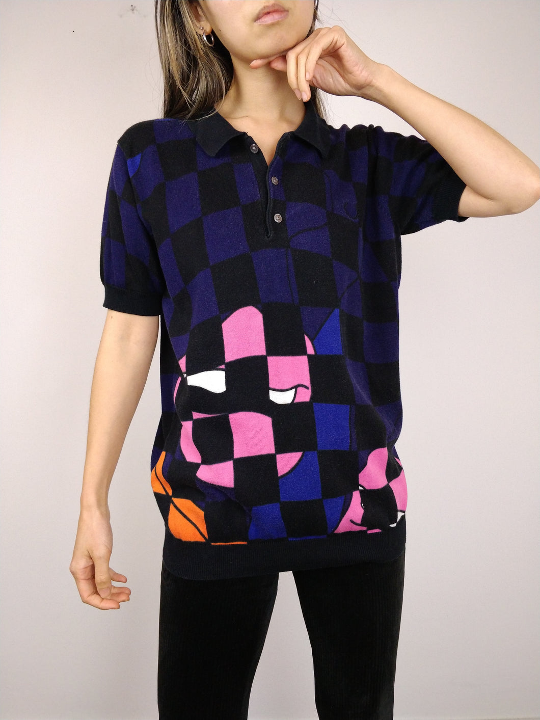 The Raf Simons x Fred Perry Polo | Vintage designer polo knit checkered black pink purple pattern lips kiss short sleeve shirt top S-M