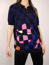 Load image into Gallery viewer, The Raf Simons x Fred Perry Polo | Vintage designer polo knit checkered black pink purple pattern lips kiss short sleeve shirt top S-M
