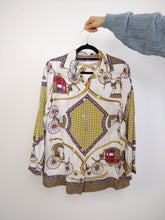 Load image into Gallery viewer, The White Baroque Blouse | Vintage shirt crazy pattern horse carriage pattern white gold yellow purple equestrian M
