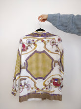 Load image into Gallery viewer, The White Baroque Blouse | Vintage shirt crazy pattern horse carriage pattern white gold yellow purple equestrian M
