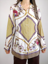 Load image into Gallery viewer, The White Baroque Blouse | Vintage shirt crazy pattern horse carriage pattern white gold yellow purple equestrian M
