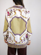 Load image into Gallery viewer, The White Baroque Blouse | Vintage shirt crazy pattern horse carriage pattern white gold yellow purple equestrian M
