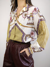 Load image into Gallery viewer, The White Baroque Blouse | Vintage shirt crazy pattern horse carriage pattern white gold yellow purple equestrian M
