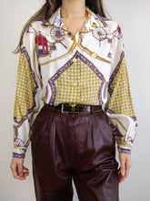Load image into Gallery viewer, The White Baroque Blouse | Vintage shirt crazy pattern horse carriage pattern white gold yellow purple equestrian M
