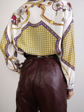 Load image into Gallery viewer, The White Baroque Blouse | Vintage shirt crazy pattern horse carriage pattern white gold yellow purple equestrian M
