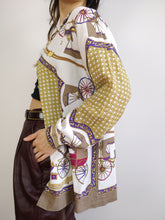 Load image into Gallery viewer, The White Baroque Blouse | Vintage shirt crazy pattern horse carriage pattern white gold yellow purple equestrian M

