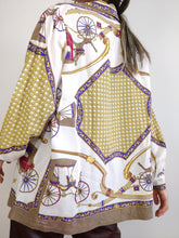 Load image into Gallery viewer, The White Baroque Blouse | Vintage shirt crazy pattern horse carriage pattern white gold yellow purple equestrian M
