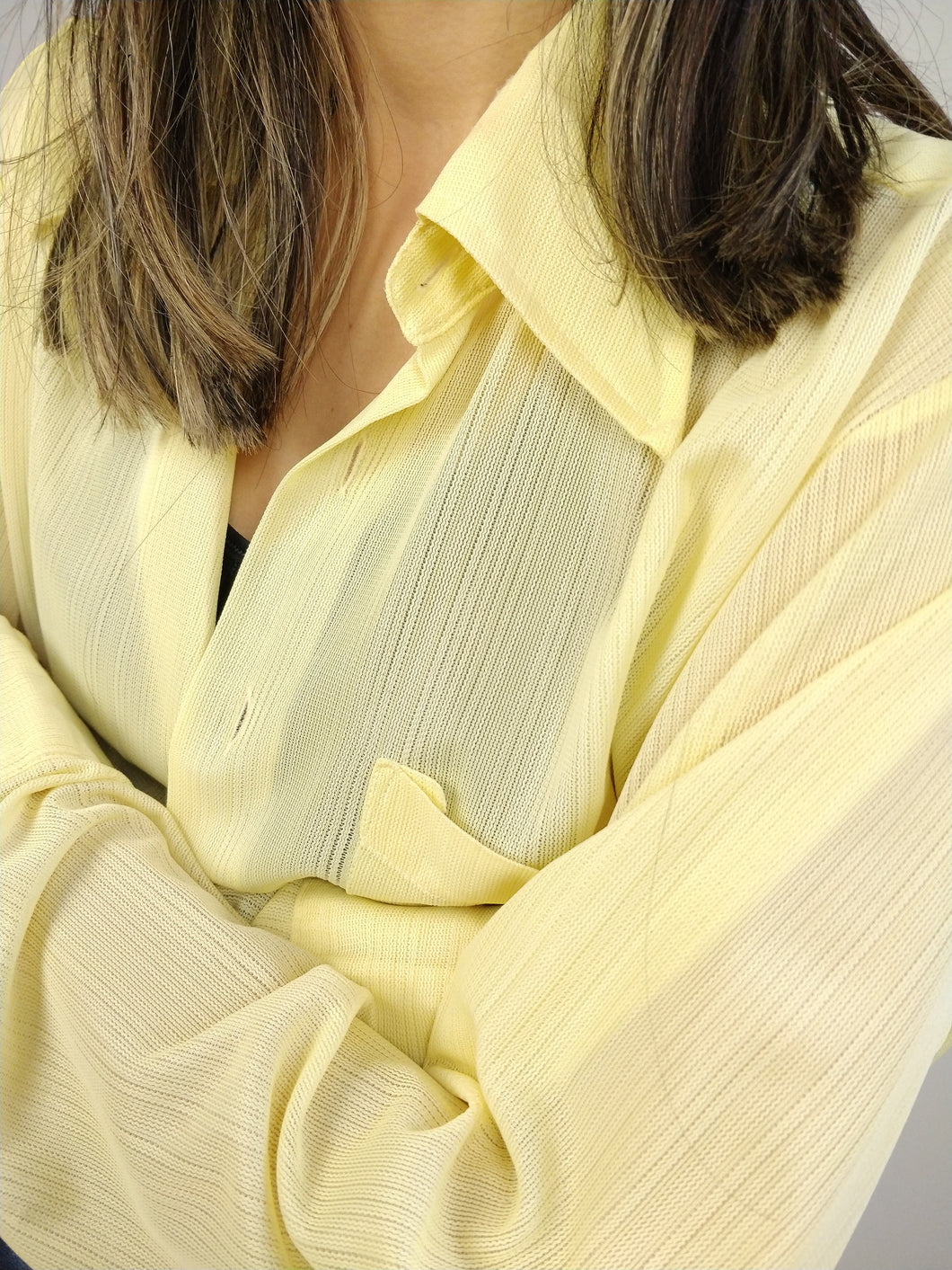 The Yellow Marlboro Shirt | Vintage blouse Marlboro plain pastel yellow sheer transparent L