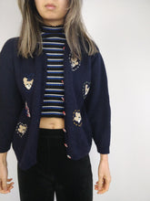 Load image into Gallery viewer, The Blue Bears Cardigan | Vintage wool embroidery cute knit sweater short 3/4 sleeves winter animal navy XS
