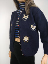 Load image into Gallery viewer, The Blue Bears Cardigan | Vintage wool embroidery cute knit sweater short 3/4 sleeves winter animal navy XS
