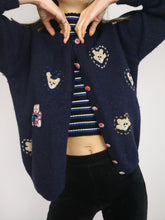 Load image into Gallery viewer, The Blue Bears Cardigan | Vintage wool embroidery cute knit sweater short 3/4 sleeves winter animal navy XS
