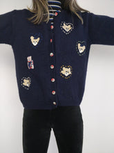 Load image into Gallery viewer, The Blue Bears Cardigan | Vintage wool embroidery cute knit sweater short 3/4 sleeves winter animal navy XS
