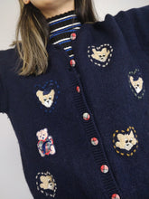 Load image into Gallery viewer, The Blue Bears Cardigan | Vintage wool embroidery cute knit sweater short 3/4 sleeves winter animal navy XS
