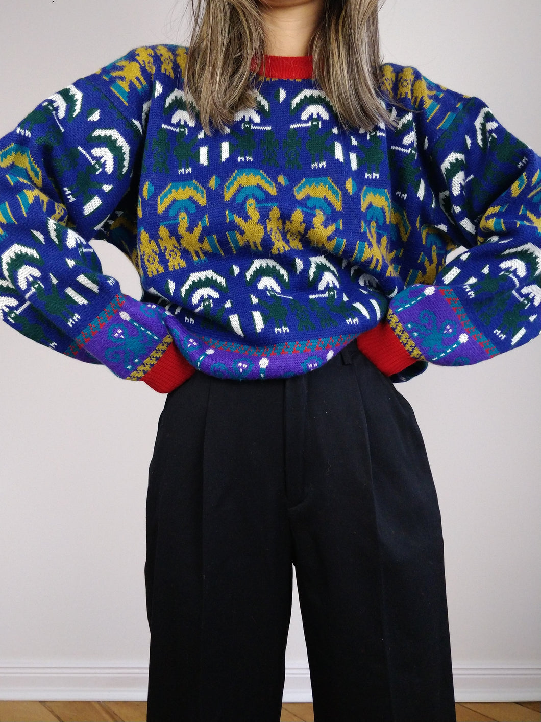 The Purple Pattern Knit | Vintage wool sweater pullover abstract pattern knitted jumper blue red M
